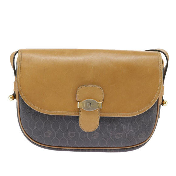 Christian Dior Honeycomb Canvas Shoulder Bag PVC Leather Beige Gold Auth bs18673